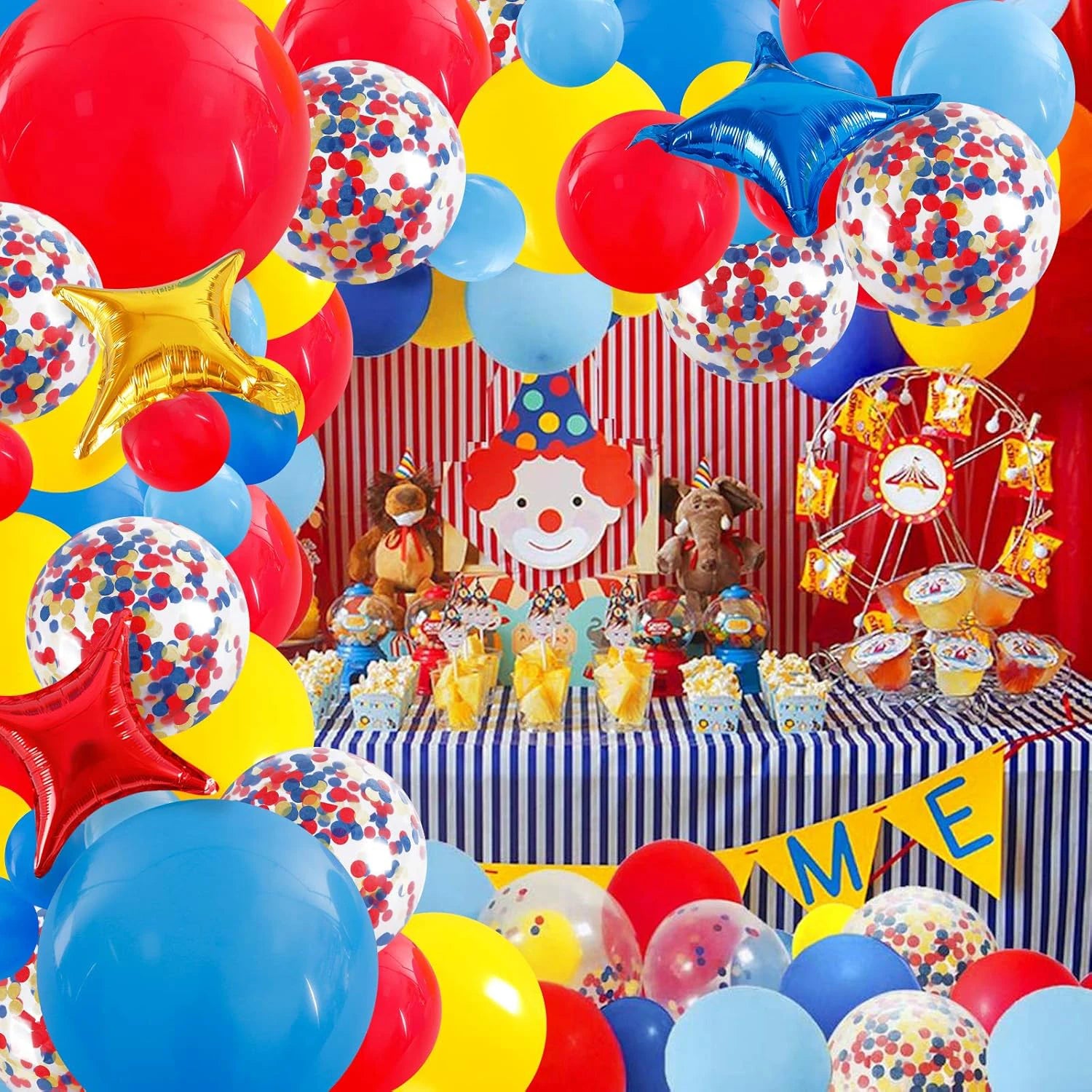 Vibrant Carnival Balloon Garland Arch Kit - Red, Blue, Yellow & Rainbow Confetti/Star Foil Balloons for Birthday, Circus Theme
