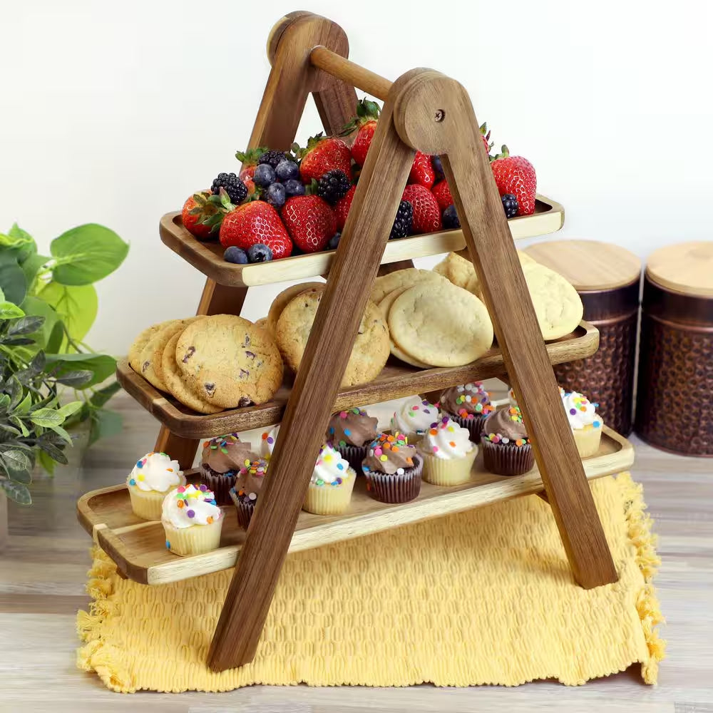 3-Tier Rectangular Cake Stand Set in Brown Acacia Wood