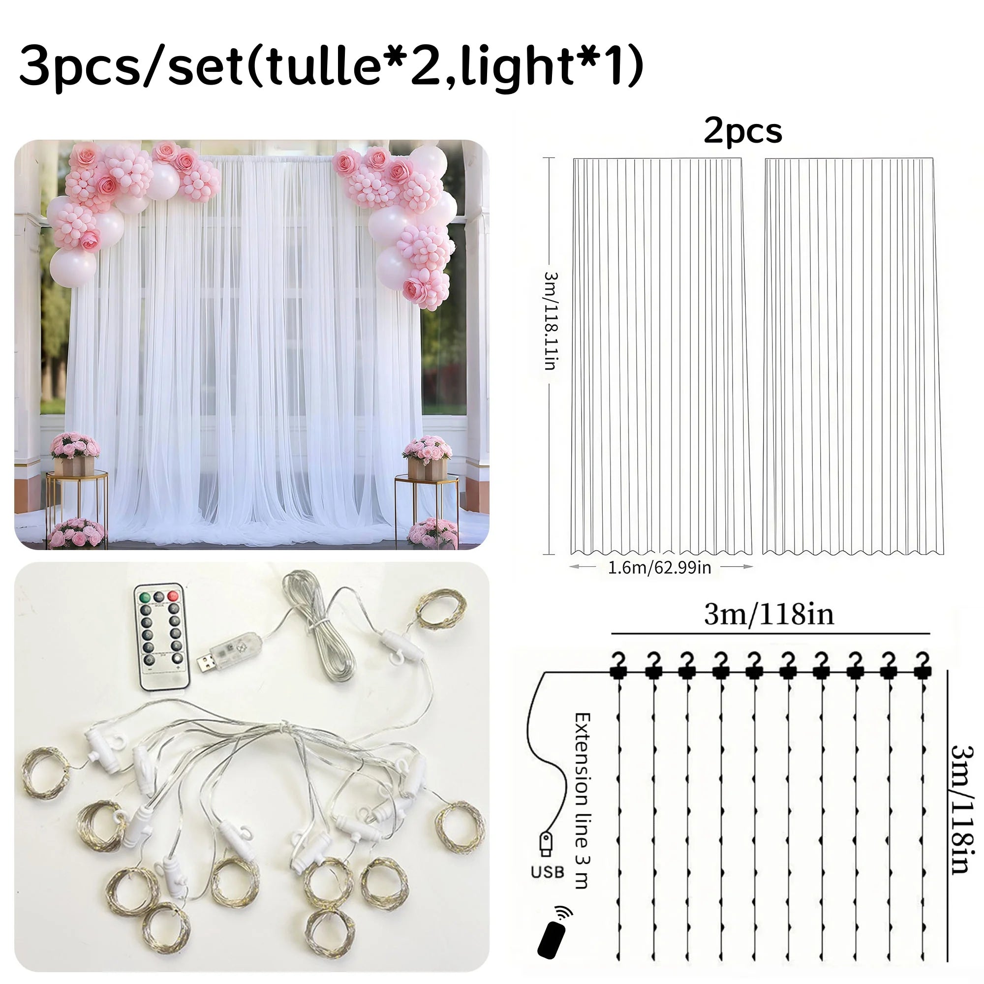 3*3M Tulle Backdrop Curtains, Optional Curtains Light, Decoration for Home Wedding Birthday Party Christmas Photography Backdrop