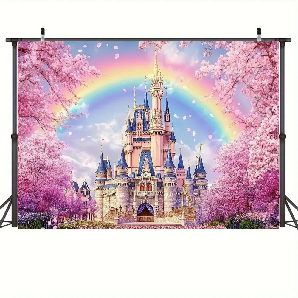 Pink Flower Castle Birthday Party Backdrop Cherry Blossoms Rainbow Princess Girl Birthday Party Decor Banner Photo Background