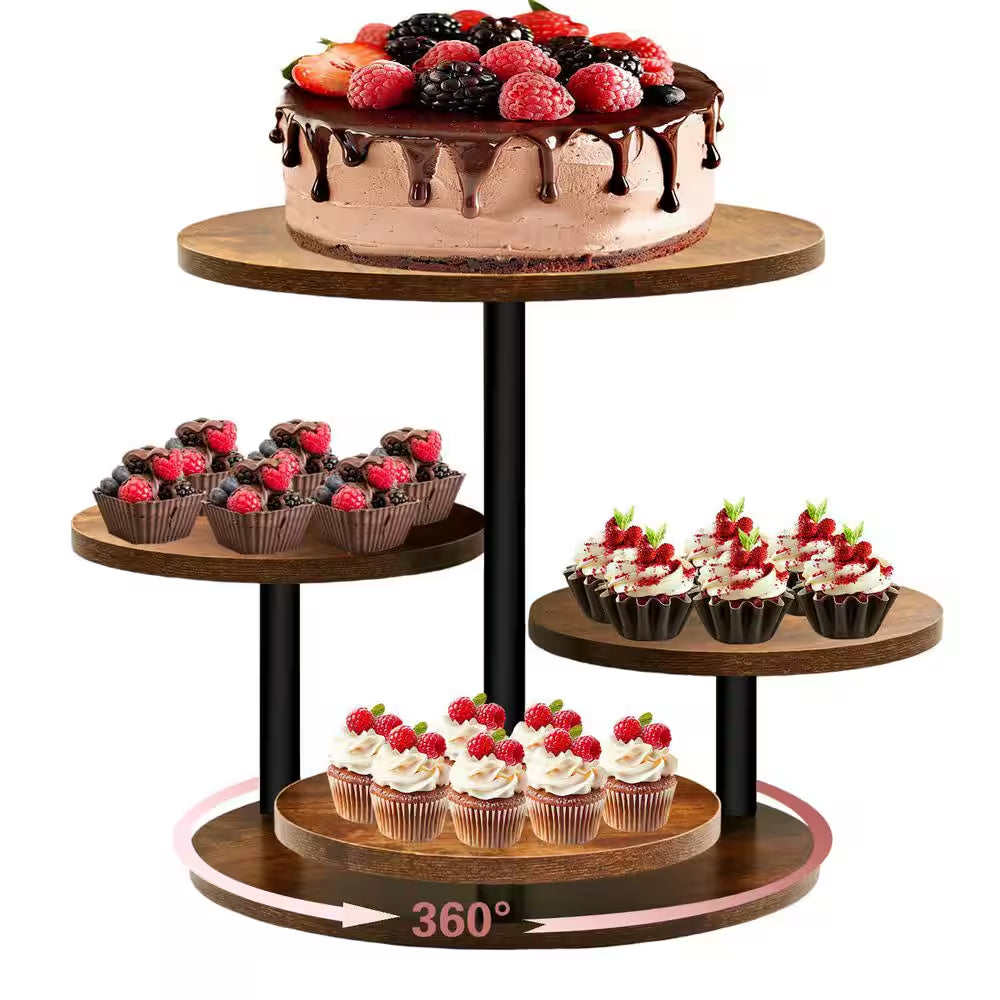 4-Tier Wood Cake Stand for 50 Cupcakes, 360° Rotatable round Cake Stand with Tiered Tray for Wedding Birthday Tea Party