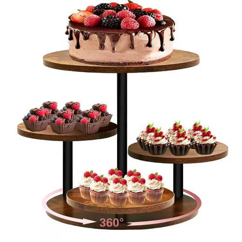 4-Tier Wood Cake Stand for 50 Cupcakes, 360° Rotatable round Cake Stand with Tiered Tray for Wedding Birthday Tea Party