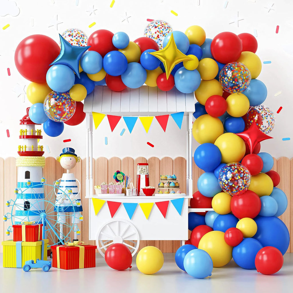 Vibrant Carnival Balloon Garland Arch Kit - Red, Blue, Yellow & Rainbow Confetti/Star Foil Balloons for Birthday, Circus Theme