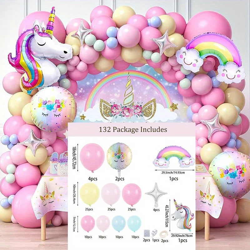 132Pcs Rainbow Unicorn Balloon Arch Wreath Kit, Pink Yellow Blue Latex Balloon Colorful Unicorn Aluminum Balloon Summer Party De