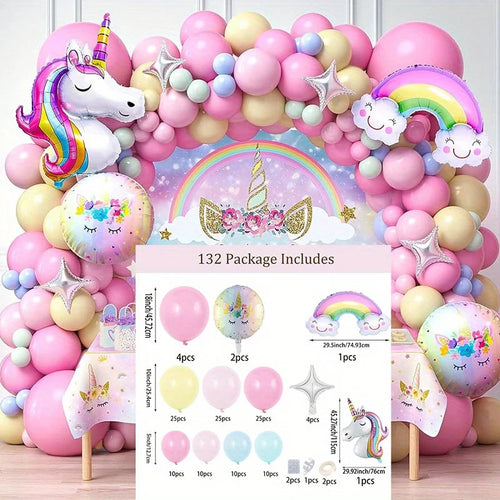 132Pcs Rainbow Unicorn Balloon Arch Wreath Kit, Pink Yellow Blue Latex Balloon Colorful Unicorn Aluminum Balloon Summer Party De