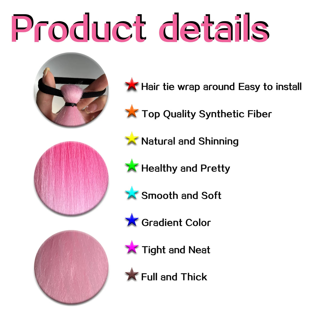 Synthetic DIY Braided Ponytail Extension with Elastic Rubber Band Pink Purple Blue Long Straight Pony Tail for Women Girls Party