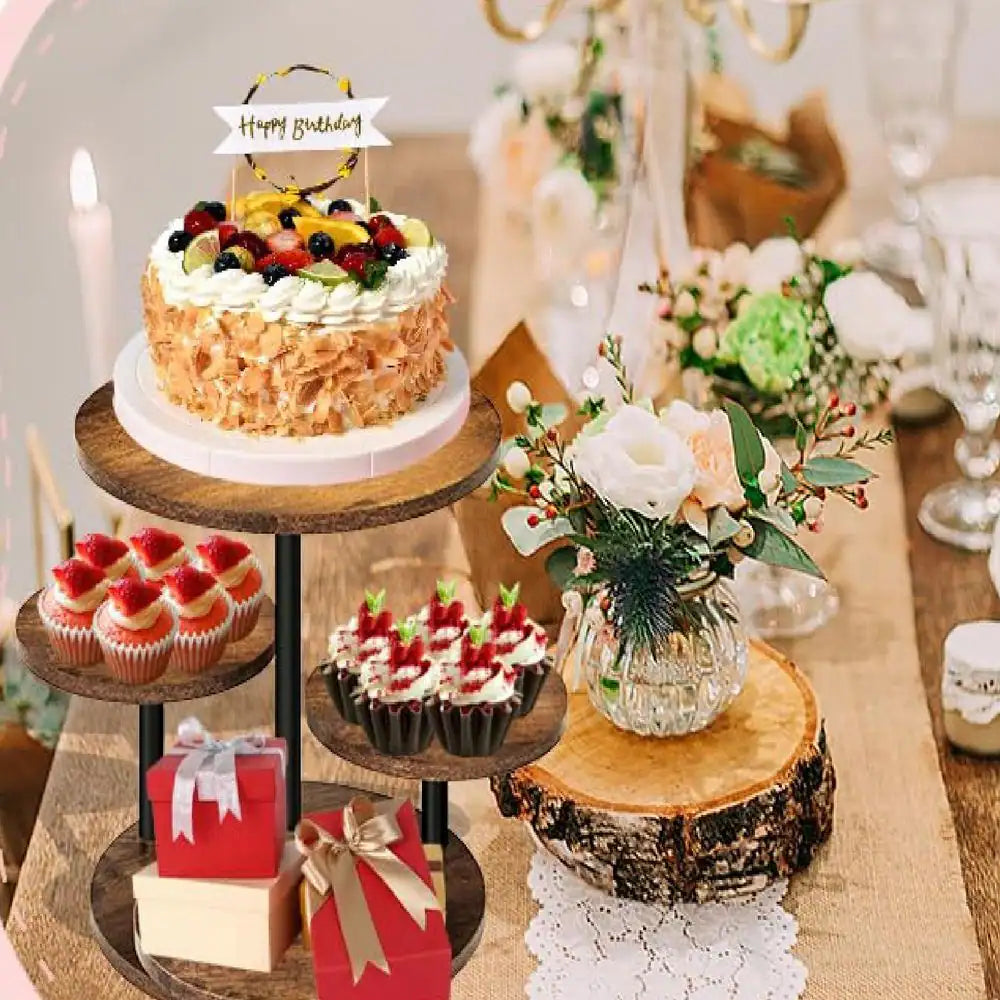 4-Tier Wood Cake Stand for 50 Cupcakes, 360° Rotatable round Cake Stand with Tiered Tray for Wedding Birthday Tea Party