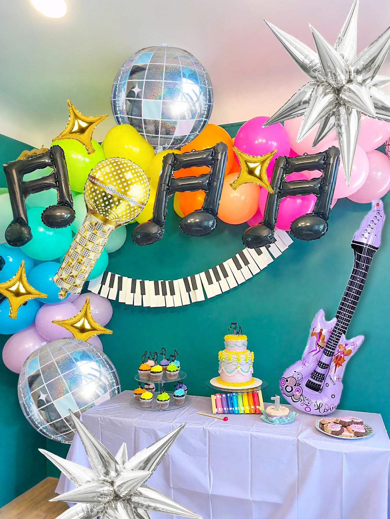 24Pcs Pop Music Guitar Party Balloon Set, Microphone & Purple Guitar & Disco 4D Ball & Black Musical Note & Star Balloon