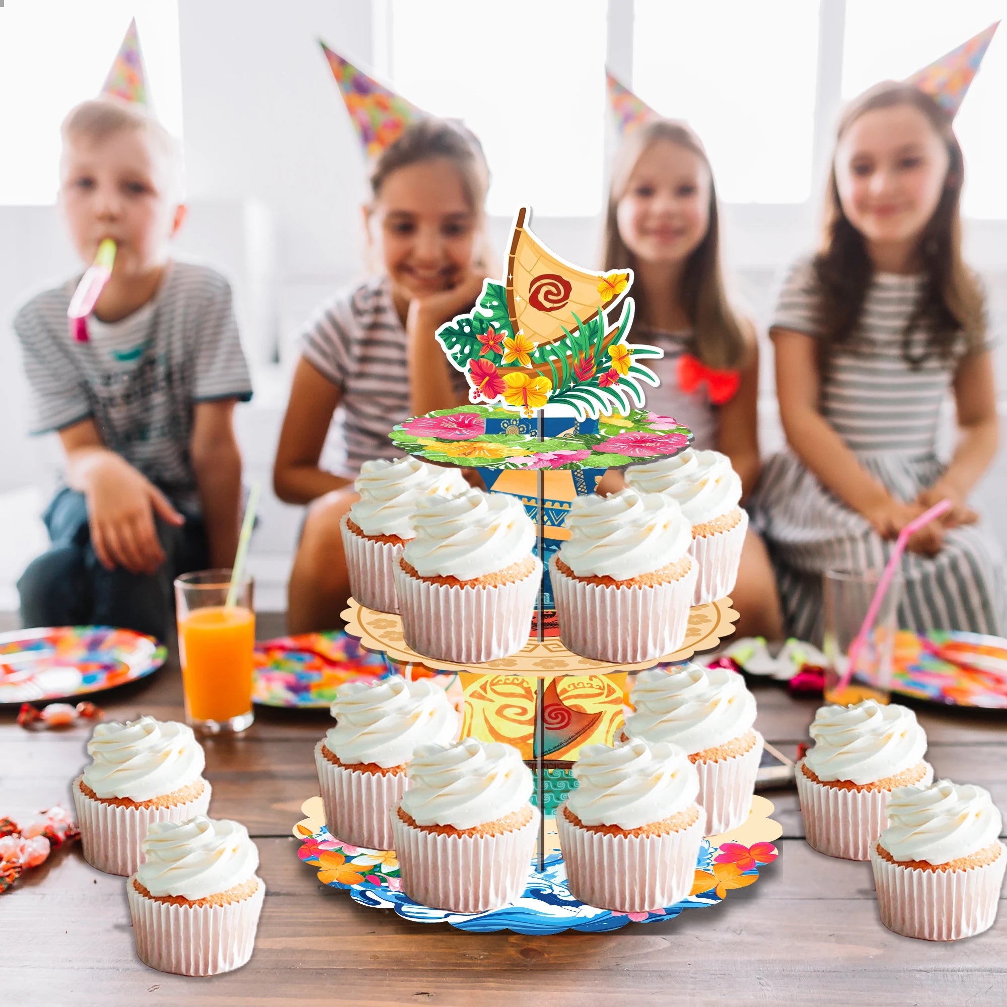 3Tier Moana Sailing Adventure Party Cake Display Stand Kid Birthday Dessert Cupcake Rack Stand Baby Shower Party Cake Tray Decor