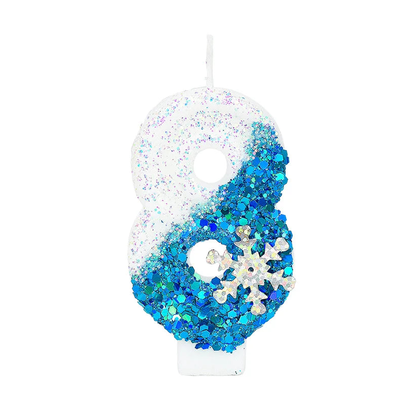 Glittering Blue Snowflake Birthday Candles Set (Numbers 0-9) - Elegant Cake Topper Decorations for Kids' Birthday Parties
