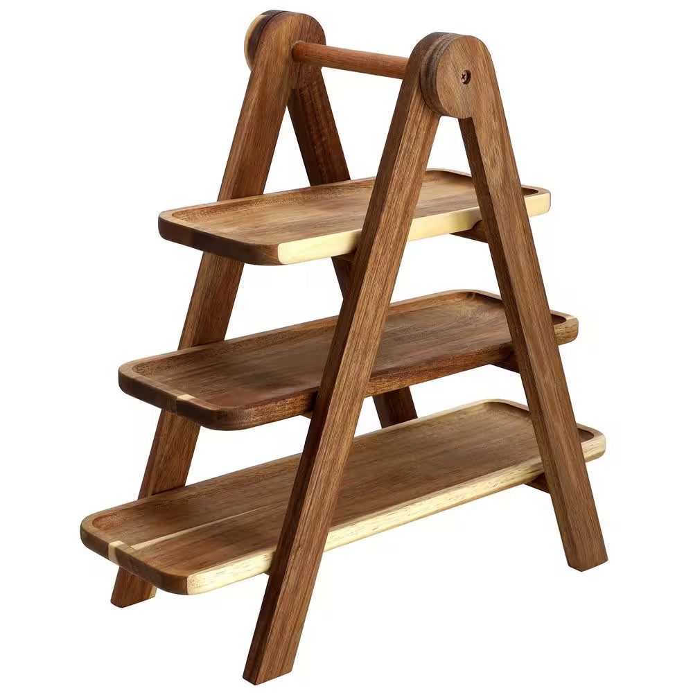 3-Tier Rectangular Cake Stand Set in Brown Acacia Wood