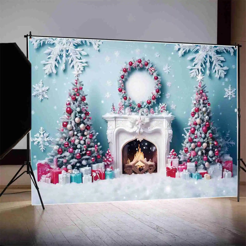 Blue Frozen Christmas Party Photography Backdrops for Western Living Room Fireplace Settings - Studio Photozone Props