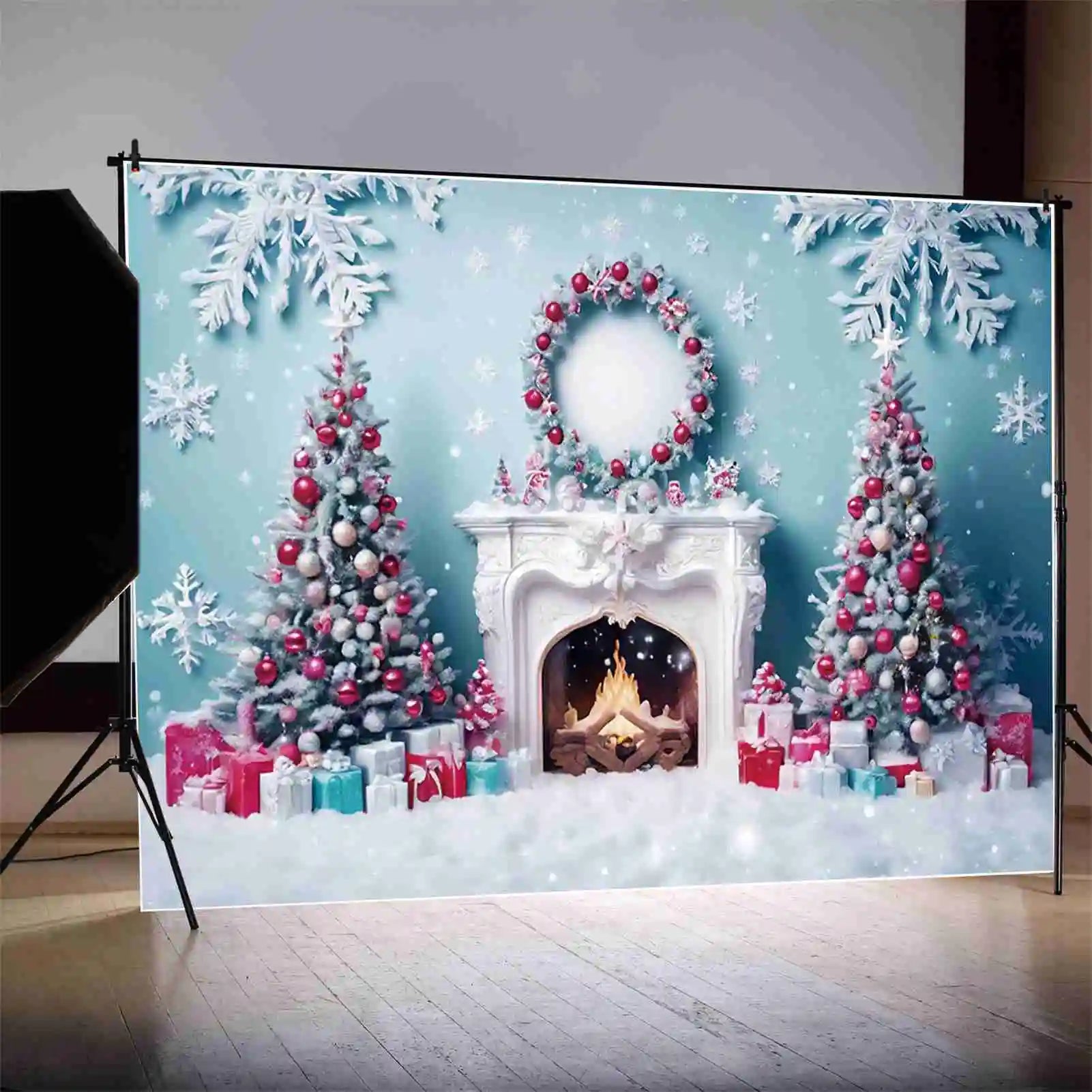 Blue Frozen Christmas Party Photography Backdrops for Western Living Room Fireplace Settings - Studio Photozone Props