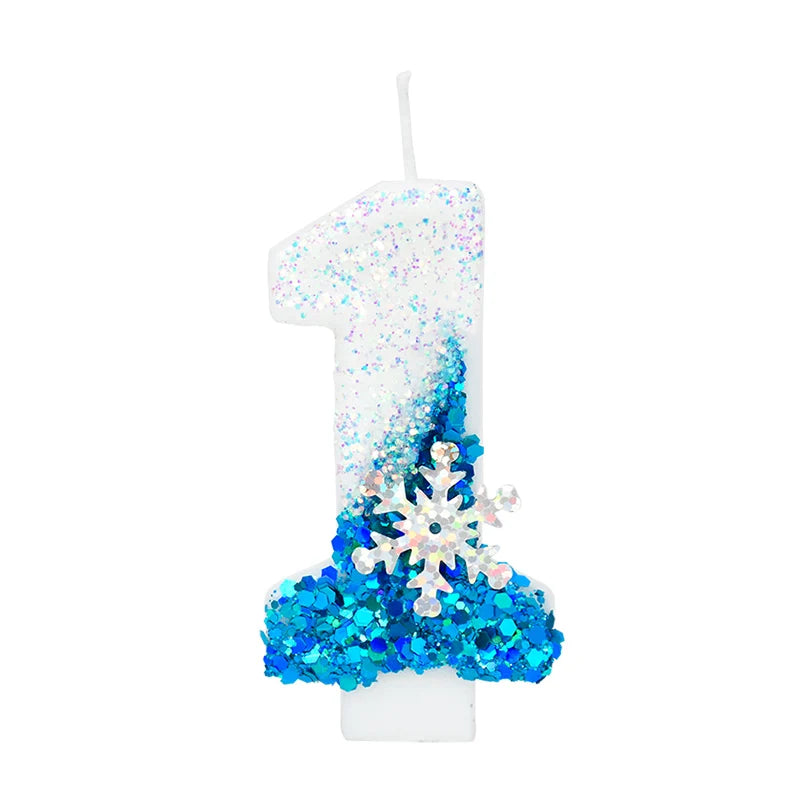 Glittering Blue Snowflake Birthday Candles Set (Numbers 0-9) - Elegant Cake Topper Decorations for Kids' Birthday Parties