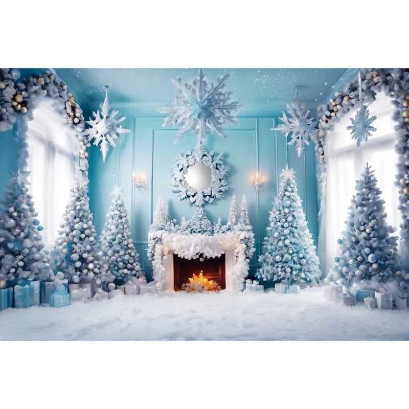 Blue Frozen Christmas Party Photography Backdrops for Western Living Room Fireplace Settings - Studio Photozone Props