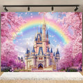 Pink Flower Castle Birthday Party Backdrop Cherry Blossoms Rainbow Princess Girl Birthday Party Decor Banner Photo Background