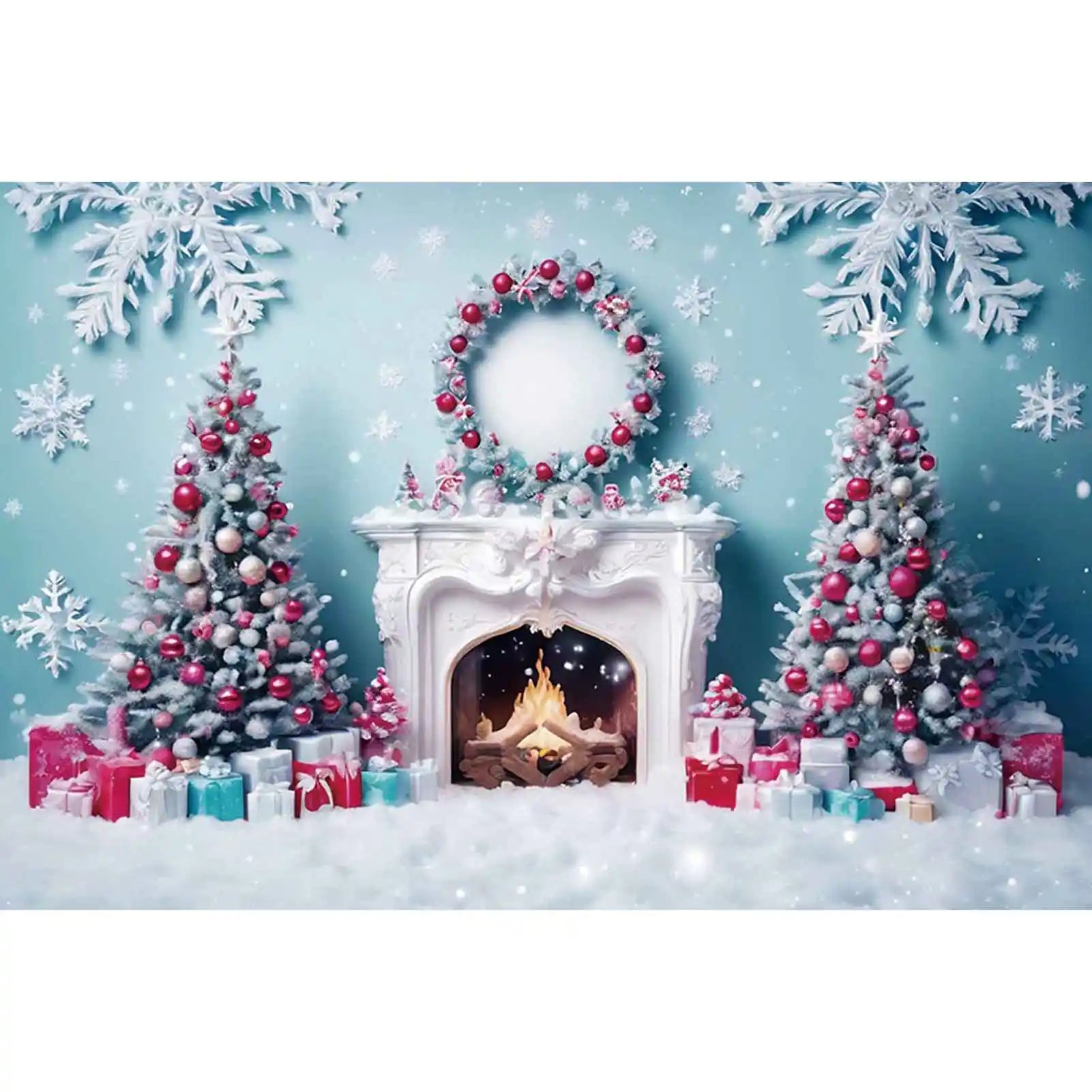 Blue Frozen Christmas Party Photography Backdrops for Western Living Room Fireplace Settings - Studio Photozone Props