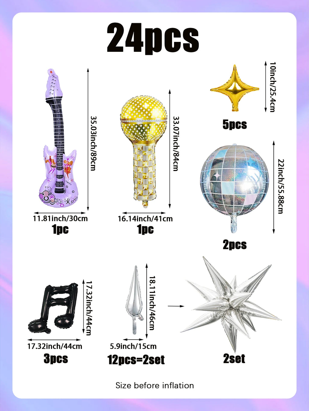 24Pcs Pop Music Guitar Party Balloon Set, Microphone & Purple Guitar & Disco 4D Ball & Black Musical Note & Star Balloon