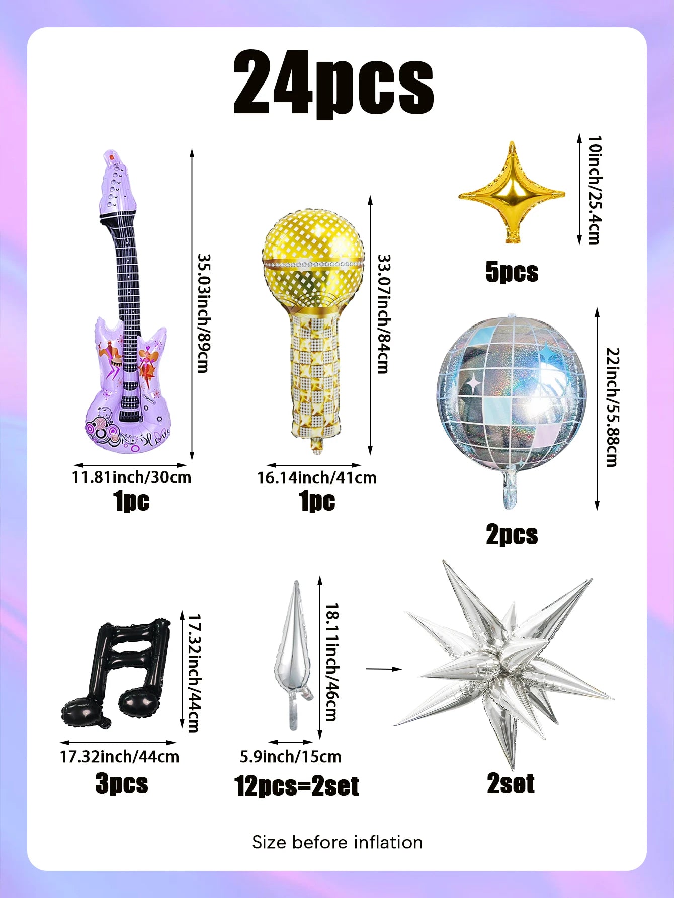 24Pcs Pop Music Guitar Party Balloon Set, Microphone & Purple Guitar & Disco 4D Ball & Black Musical Note & Star Balloon