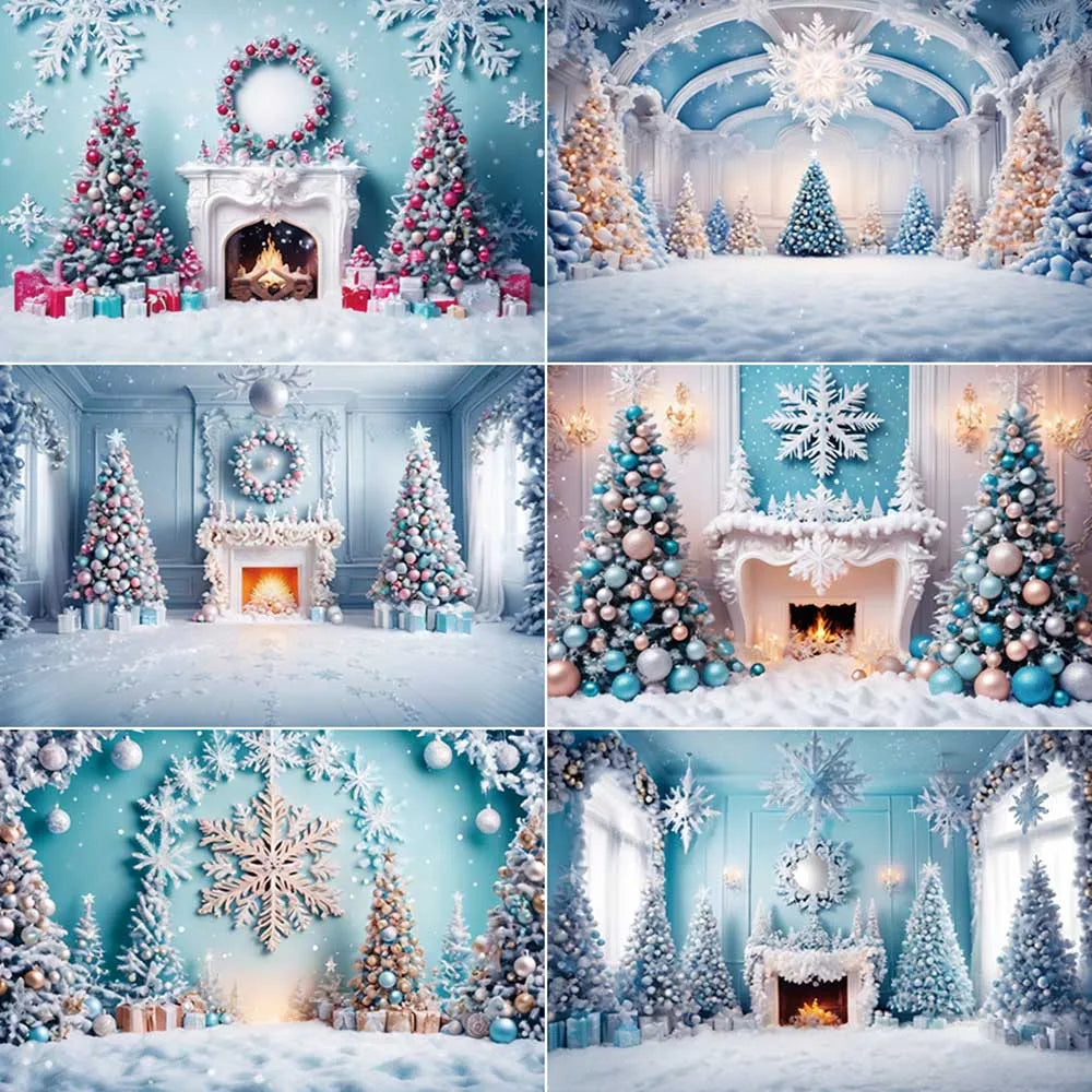 Blue Frozen Christmas Party Photography Backdrops for Western Living Room Fireplace Settings - Studio Photozone Props