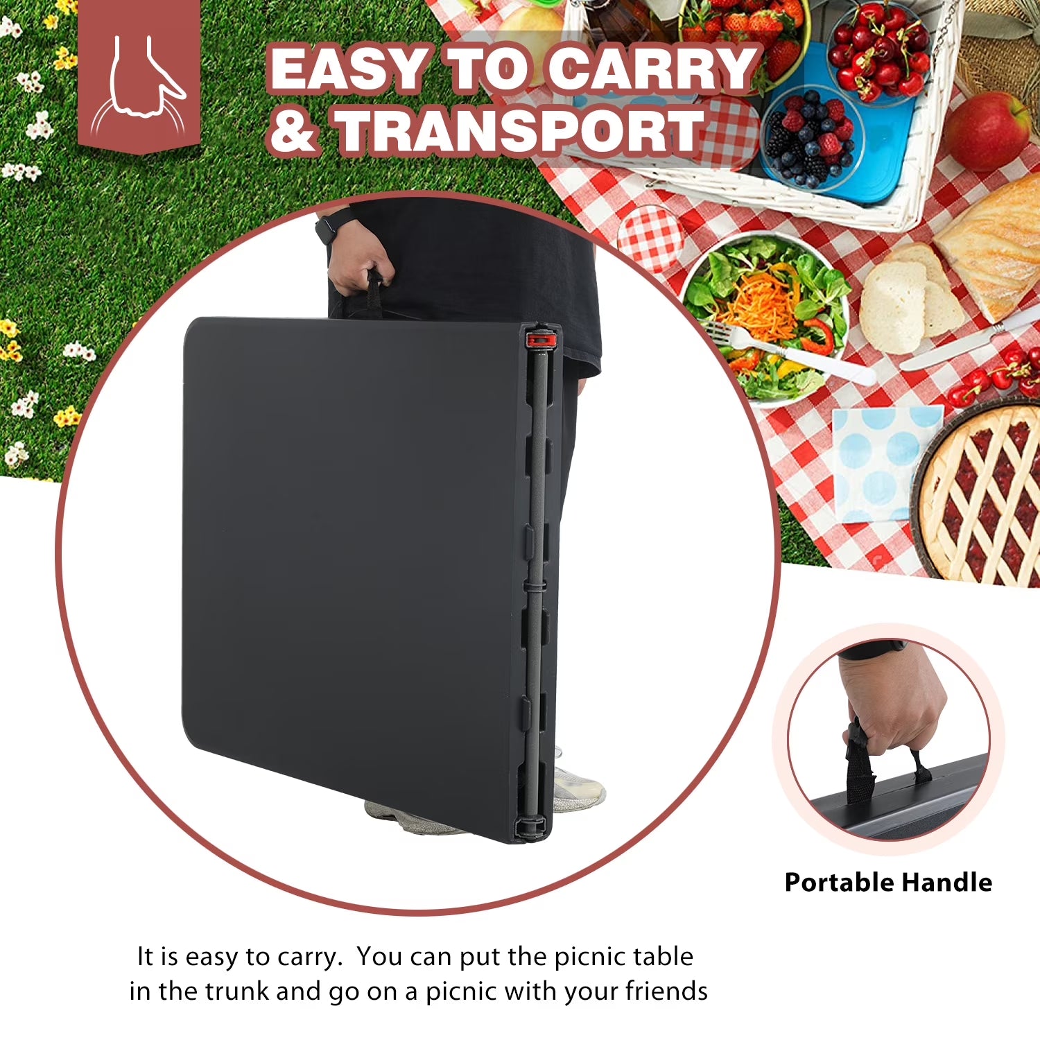 6-Foot Portable Folding Table for Indoor and Outdoor Use with Carrying Handle, Black