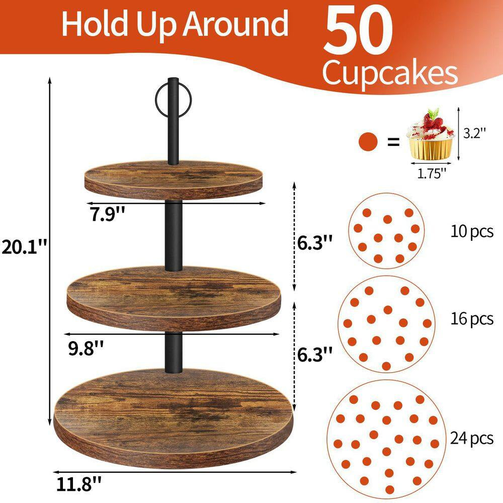 3-Tier Brown Wooden Cupcake Stand for 50 Cupcakes, Wood Cupcake Tower Cake Stand Tiered Tray Stand for Wedding Birthday