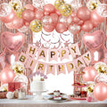 Rose Gold Birthday Party Decorations, Happy Birthday Banner, Rose Gold Tassel Curtains, Heart Shaped Star Foil Balloons, Hanging Swirls