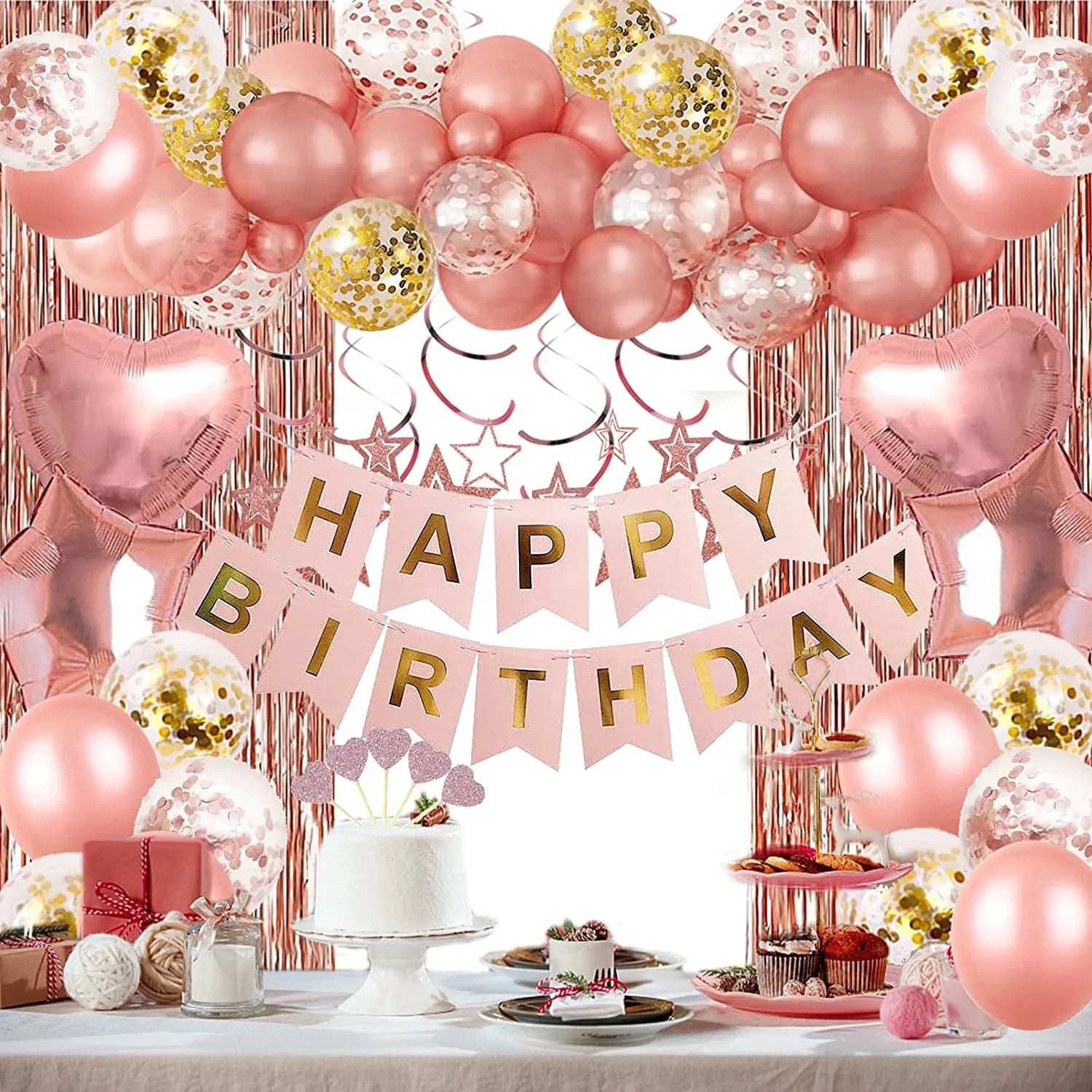 Rose Gold Birthday Party Decorations, Happy Birthday Banner, Rose Gold Tassel Curtains, Heart Shaped Star Foil Balloons, Hanging Swirls
